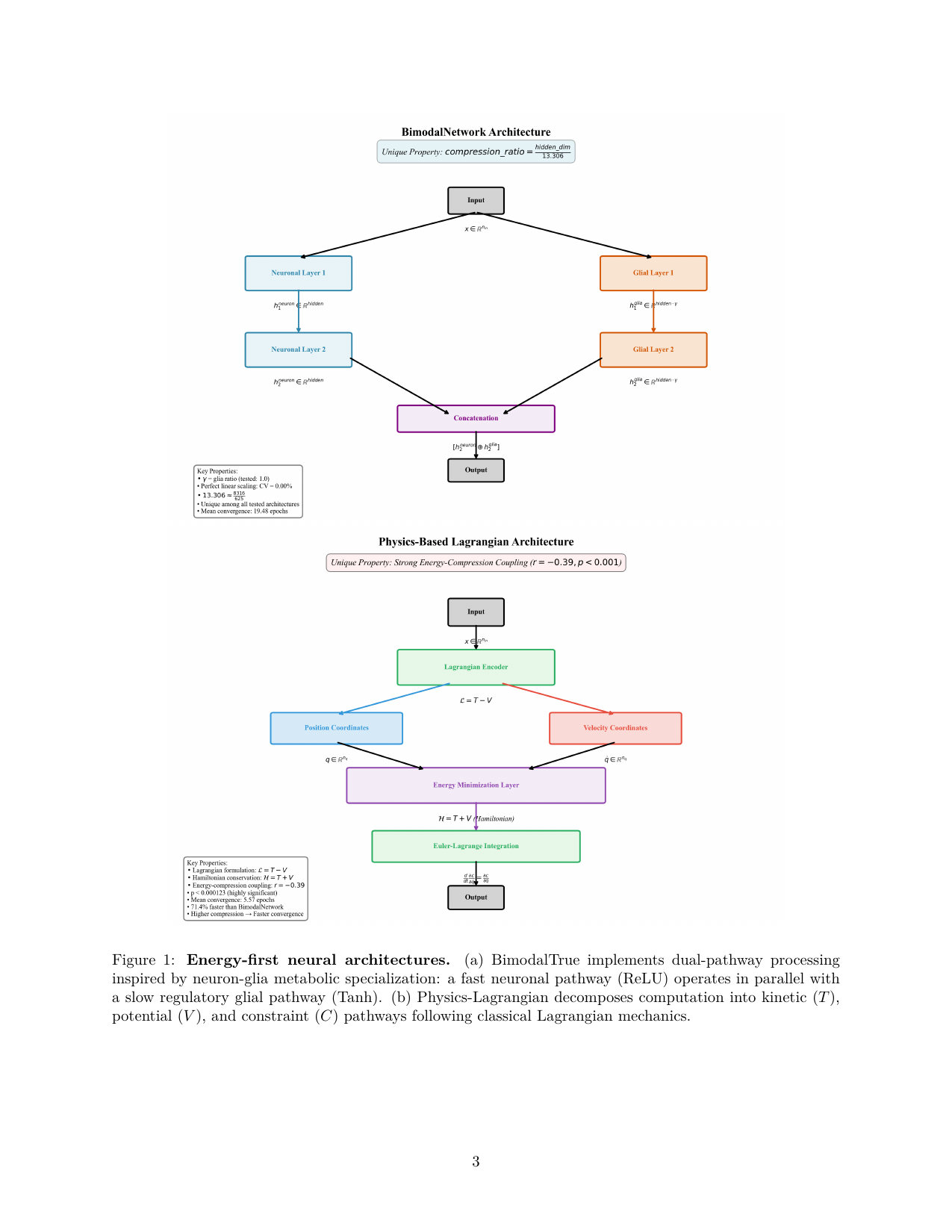 Energy-first neural architectures: BimodalTrue and Physics-Lagrangian